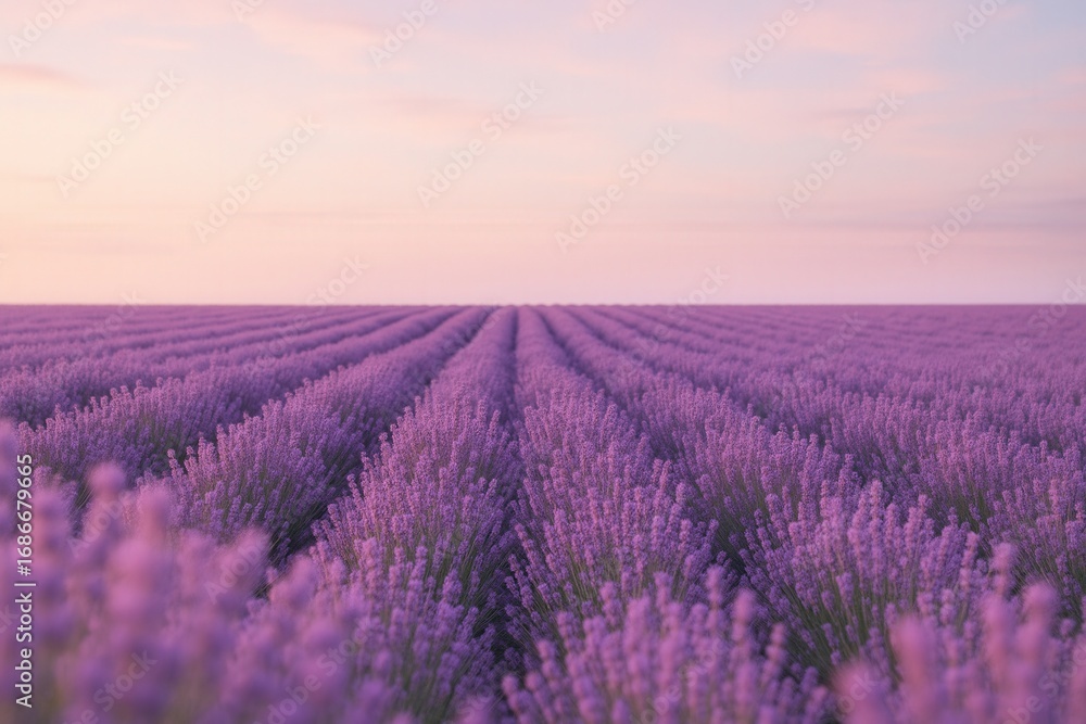 Obraz premium Lavender field with blurred foreground and sharp horizon in depth-focused pastel composition