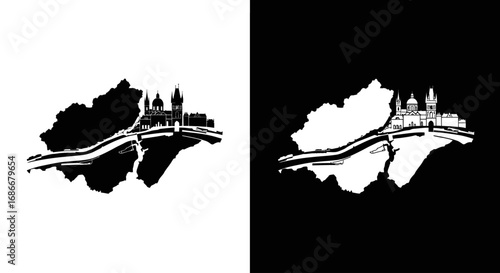 A map silhouette of a river running through a city, a black and white icon representing urban geography and waterways.