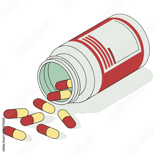 An open medicine bottle with spilled pharmaceutical capsules for treatment