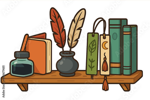 Vintage bookshelf with writer's tools. Old books, feather quill pens in inkwell, bookmarks. Retro stationery for education, literature, poetry. Vector illustration concept.