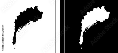 A detailed map silhouette of a coastal region or bay, a black and white icon for maritime geography and travel.