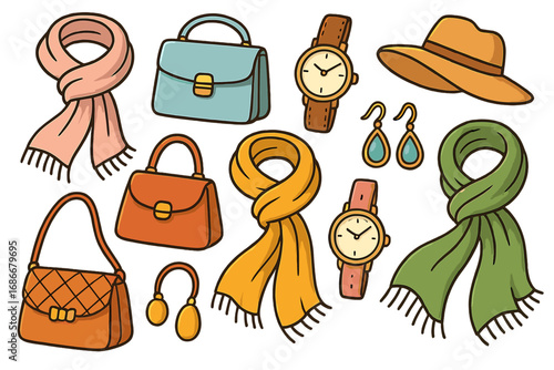 Variety of Fashion Accessories Including Scarves, Handbags, Watches, Earrings, Hat, and Ear Muffs in Vector Cartoon Style on Light Background, Creative Transparent Illustration