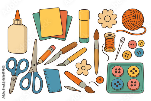 Crafting tools and art supplies set. Vector cartoon illustration for handmade hobby. Creative DIY kit with scissors, glue, thread, buttons, paper and brushes for creativity.