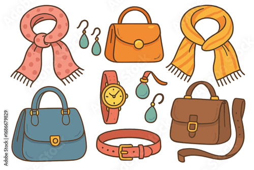 Variety of fashion accessories including scarves, handbags, watches, earrings, and belts displayed creatively on a light background. Colorful cartoon vector illustration for style and fashion design.