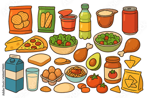 Big set of food icons. Cartoon vector collection of grocery items, snacks, and meals. Pizza, salad, chicken, milk, eggs, cheese, chips, pasta. Isolated doodle food products.