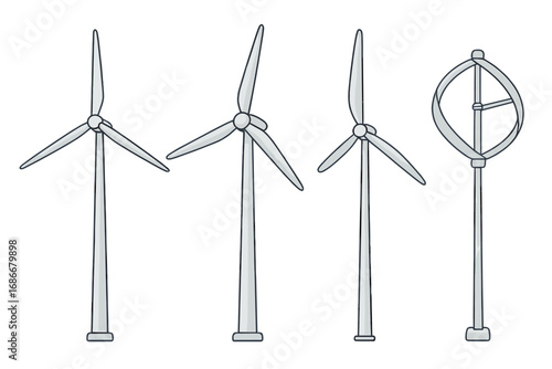 Wind turbine collection vector illustration. Set of renewable energy generators. Sustainable electricity technology. Green power concept icons. Eco friendly wind farm windmills.