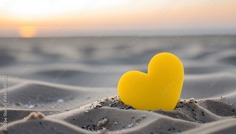 Fototapeta premium Yellow Heart in Sand with Sunset Sky and Ocean Horizon