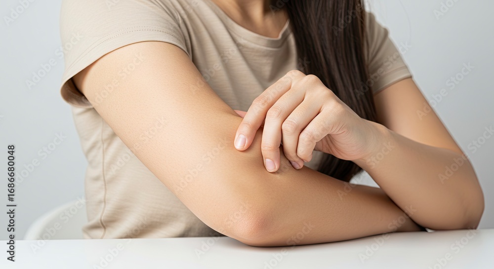 Obraz premium Womans arm on table gently touching her forearm with fingers