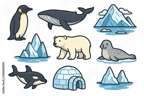 Wildlife and nature icons featuring marine animals like whales, penguins, seals, polar bears, and icy polar landscapes, icebergs, and igloo in a vector cartoon style