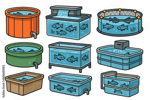 Fish holding tanks and aquaculture systems set. Vector illustration of fish farming equipment, aquariums, industrial fishery containers and fish breeding cartoon design elements.