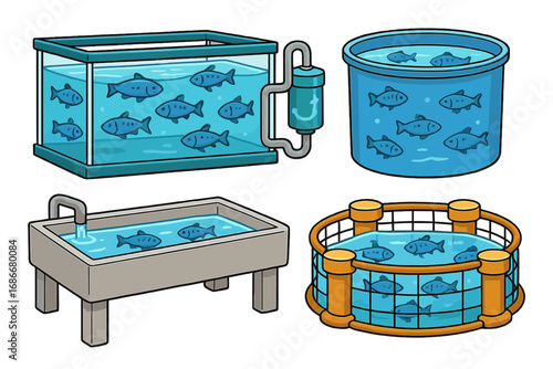 Aquaculture systems and fish farming equipment set. Vector illustration of a fish tank, holding container, hatchery, and commercial fishery net pen. Fish breeding concept.