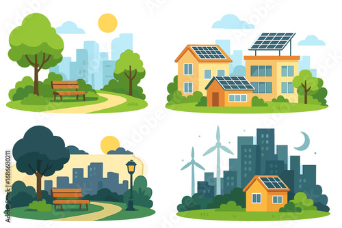 Sustainable city concept vector illustration set. Eco friendly green energy with solar panels and wind turbines. Urban park and houses at day and night. Cartoon flat design.