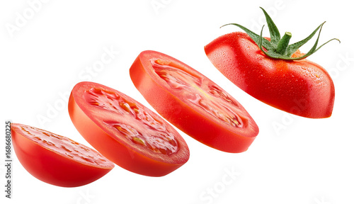 Rodaja de tomate voladora en fondo