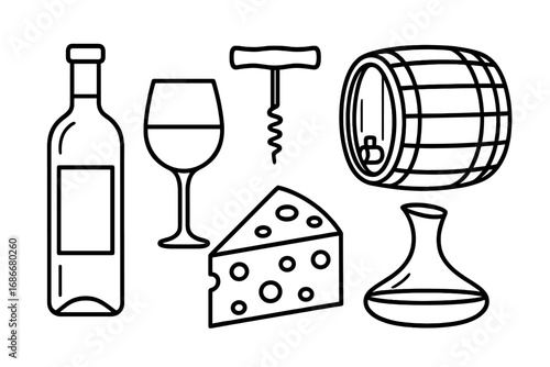 Wine tasting essentials vector icon set. Line art collection with bottle, glass, corkscrew, barrel, cheese, decanter. For winery, vineyard, sommelier, bar, and restaurant menu.