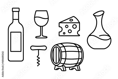 Wine tasting essentials icon set in clean line art style. Vector collection of winery elements: bottle, glass, corkscrew, barrel, cheese, decanter. Outline icons for menu.