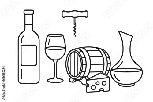 Wine tasting essentials icon collection. Vector line art of bottle, glass, corkscrew, barrel, cheese, decanter. Winery, bar, restaurant menu elements. Sommelier symbols.