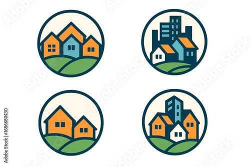 Real estate logo set. Collection of circular vector icons with houses and city buildings. Symbol for property, construction, community, home, and urban or suburban development.
