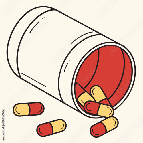 Medical concept with a spilled pill bottle and scattered pharmaceutical drugs