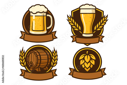 Beer logo badge set for brewery, pub, or bar. Vector illustration collection with beer mug, pilsner glass, wooden barrel, and hops. Craft beer emblem label design template.