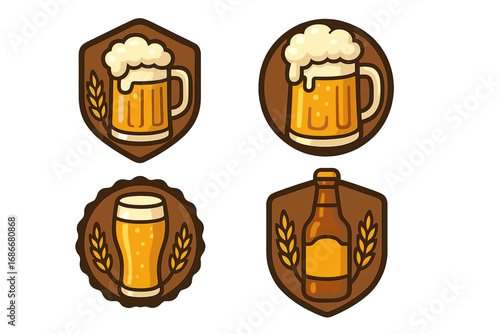 Beer logo badge set. Craft brew emblem collection. Brewery icon template. Vector illustration of beer mug, glass, and bottle with wheat. Pub bar sign or alcohol label design.