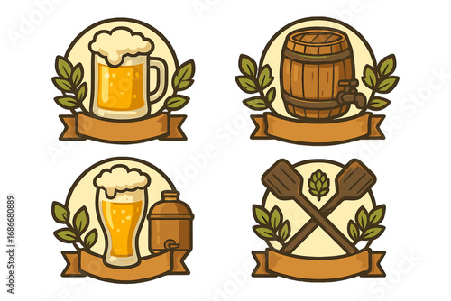 Beer logo badge design template set. Vector cartoon illustration for brewery, pub, or bar. Craft beer emblems with mug, barrel, hops, and paddles. Vintage retro sticker collection.