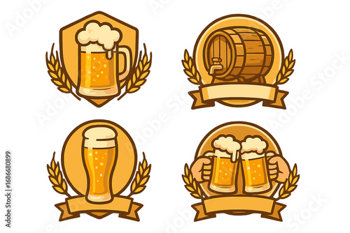 Brewery logo and beer badge vector set. Cartoon illustrations for pub, bar, or alehouse branding. Craft beer festival emblems with mug, barrel, wheat, and cheers concepts.