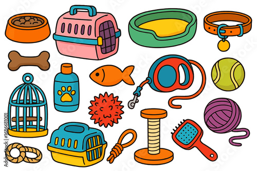 Pet shop accessories vector icon set. Doodle cartoon collection for dog and cat care. Pet supplies like carrier, food bowl, leash, toys, collar, grooming tools. Vet illustration.