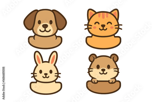 Set of cute animal heads icons. Kawaii cartoon pet faces collection. Vector logo design elements with dog, cat, bunny, hamster. Flat character illustration for kids or vet.