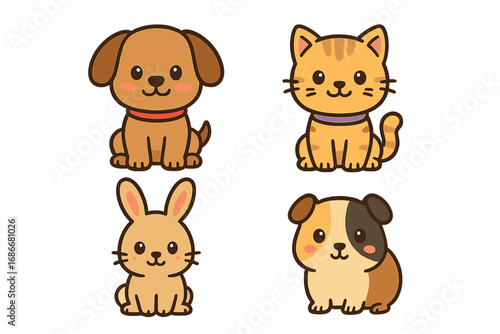 Cute kawaii pet animal character set. Collection of cartoon vector illustrations. Dog, cat, rabbit, guinea pig. Simple flat design elements for kids, stickers, or mascots.