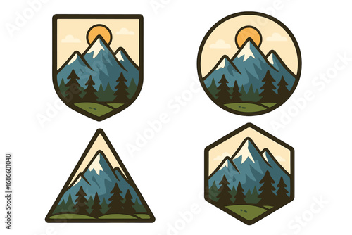 Mountain adventure logo badge set. Outdoor travel emblem collection. Vintage hiking & camping patch design. Nature landscape with sun, forest trees. Vector illustration for brand.