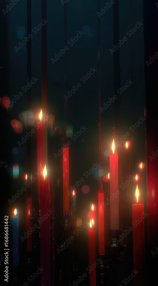 Fototapeta premium Glowing candles in metal holders against a dark backdrop create a dreamy, ethereal ambiance. The lights blur, casting a warm, flickering glow