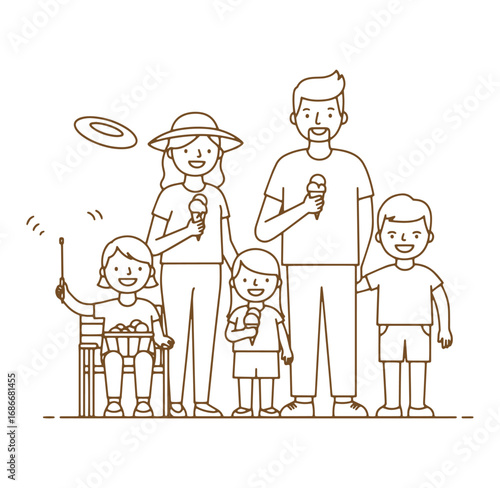Happy family enjoying ice cream and leisure time together in simple vector illustration