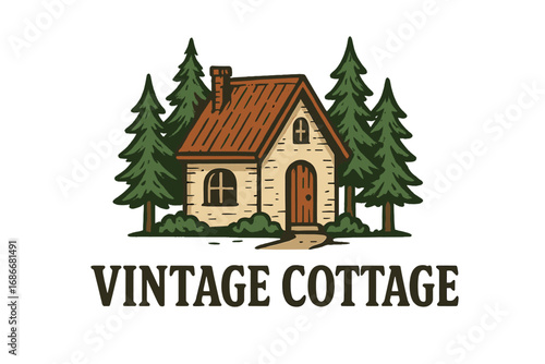 Vintage Cottage Logo with Pine Trees, Rustic Vector Cartoon Illustration, Cozy Cabin Design on Transparent Background, Forest Home Nature Concept, Exterior Architecture