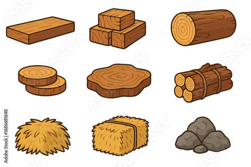 Cartoon collection of natural materials. Wood plank, log, stone, rock, and hay bale resource icons. Vector set for crafting, building, or game design. Isolated elements.