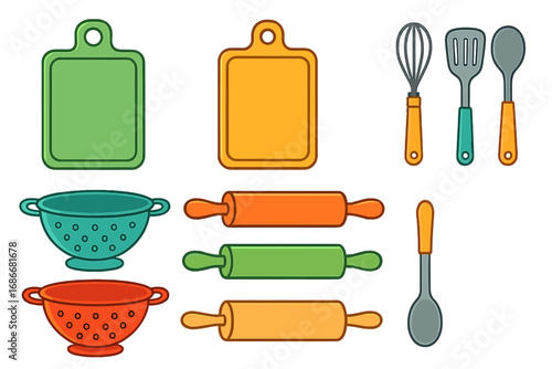 Kitchen utensils icon set. Colorful vector illustration. Cooking tools, baking equipment for food preparation. Colander, cutting board, rolling pin, whisk, spatula, spoon.