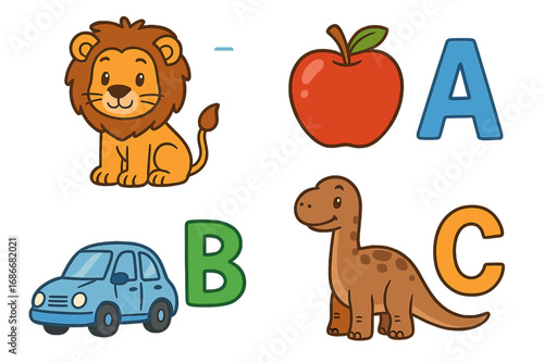 Educational cartoon alphabet with cute animals and objects for early childhood learning. Vector illustration set of ABCs with lion, apple, car, and dinosaur for kids.