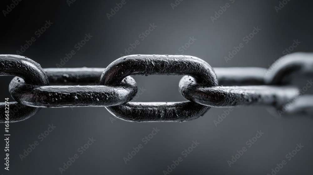 Fototapeta premium Steel Chain: A close-up shot reveals the interlocking strength of a steel chain, symbolizing unity, connection, and the resilience of forged metal. Capturing the essence of solidity and reliability.