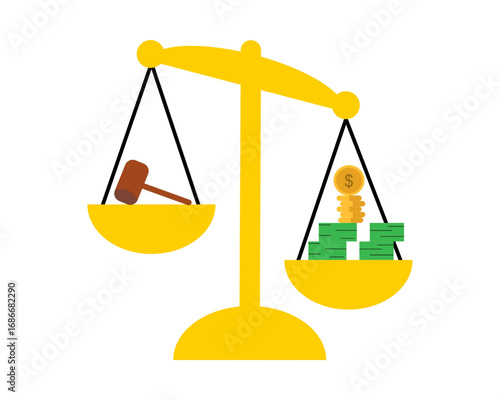 Conceptual illustration of a yellow justice scale weighing a judge's gavel against stacks of cash and coins, representing finance versus law