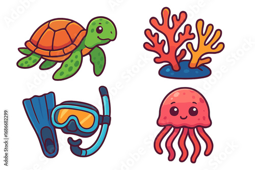 Cute sea life icon set. Vector cartoon collection of marine animals like turtle, jellyfish. Underwater adventure elements with coral reef and snorkeling gear for diving design.