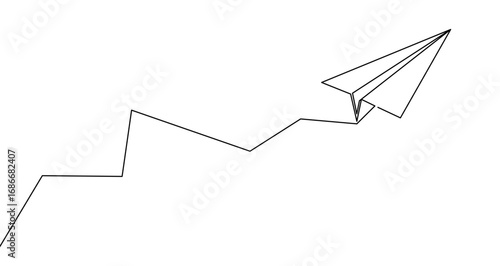 Paper airplane with flight path in one line art style. Paper plane drawing with editable black stroke. Vector illustration.