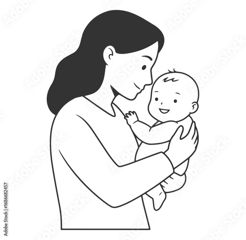 Loving mother holding and gazing at her adorable baby illustration in vector style