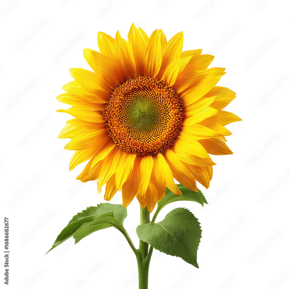 Fototapeta premium Vibrant sunflower, bright yellow petals, dark center, green leaves, isolated on black