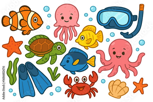 Cute sea animals cartoon vector set. Ocean fish, turtle, octopus, crab, jellyfish. Underwater wildlife and diving equipment snorkel mask. Marine life illustration collection.