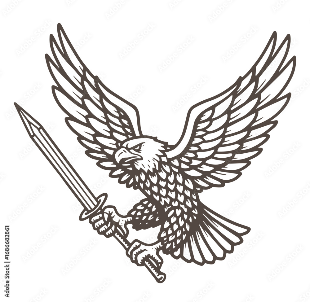 Fototapeta premium Majestic eagle holding sword in flight emblem symbol of strength and power