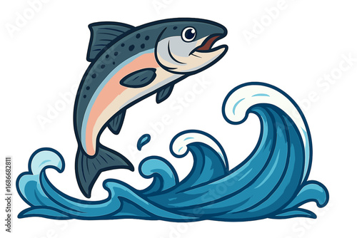 Vibrant salmon leaps over dynamic ocean waves, cartoon vector illustration with transparent background, aquatic wildlife, jumping fish motion, nature and water environment design