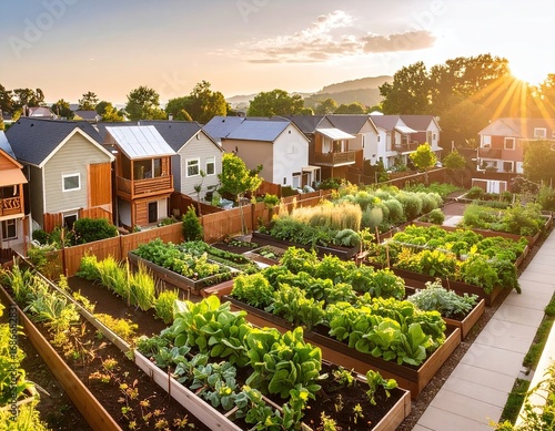 Community Garden in Suburban Neighborhood at Sunset