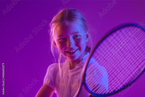 Young Girl Playing Tennis with Racket in Sporty Outfit on Purple Background