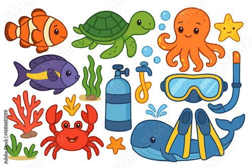 Cute sea animal cartoon collection with scuba diving gear. Vector set for kids. Includes whale, turtle, clownfish, octopus, crab. Marine life illustration for education.