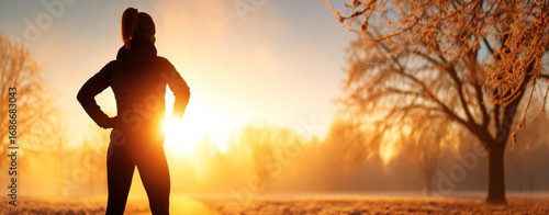 mindful sunrise wellness woman Silhouette of Woman Enjoying Sunrise in Winter Landscape - peaceful solo moment for health, calm, and reflection in natural frosty environment