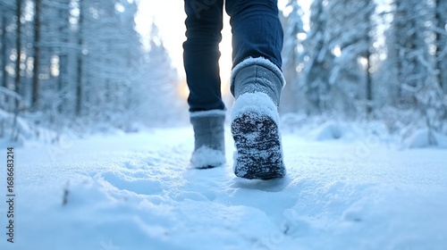 Walking Through Snowy Winter Forest in Warm Boots at Sunrise